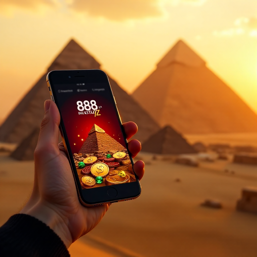 A hand holding a high-end smartphone displaying 888starz app, background featuring the Great Pyramids of Giza during a golden sunset, official red and white brand colors, 3D golden coins and emerald gems flying out of the screen, cinematic lighting, 8k.